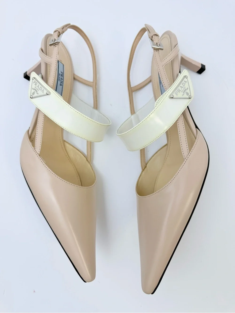 Prada Triangle Logo Mary Jane Slingback Nude Ivory Leather Heel pumps EU 38.5